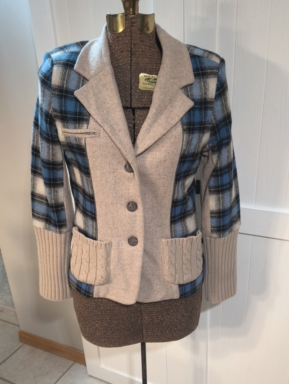 Sundance Plaid & Knit Mixed-Media Blazer - Blue & Beige